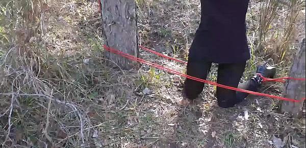  Outdoor sex in the wood. Wearing sexy clothes and high heels, bound, throated and fucked